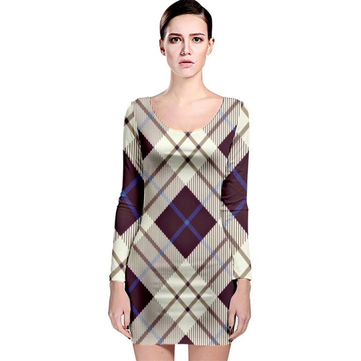 Blue, purple and white diagonal plaids Long Sleeve Bodycon Dress