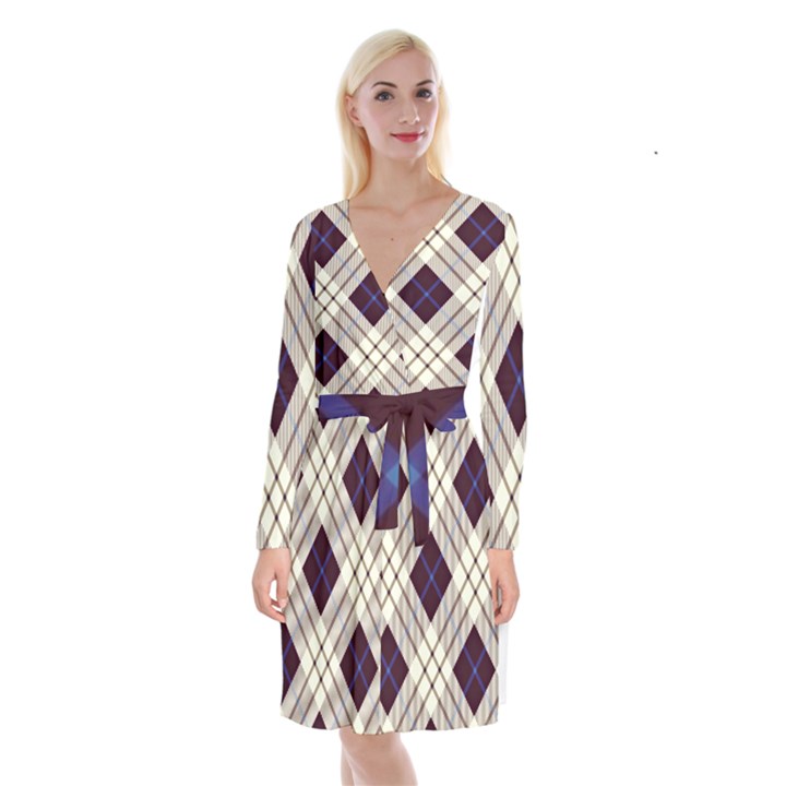 Blue, purple and white diagonal plaids Long Sleeve Velvet Front Wrap Dress