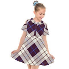 Blue, Purple And White Diagonal Plaids Kids  Short Sleeve Shirt Dress