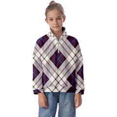 Blue, Purple And White Diagonal Plaids Kids  Half Zip Hoodie by ConteMonfrey