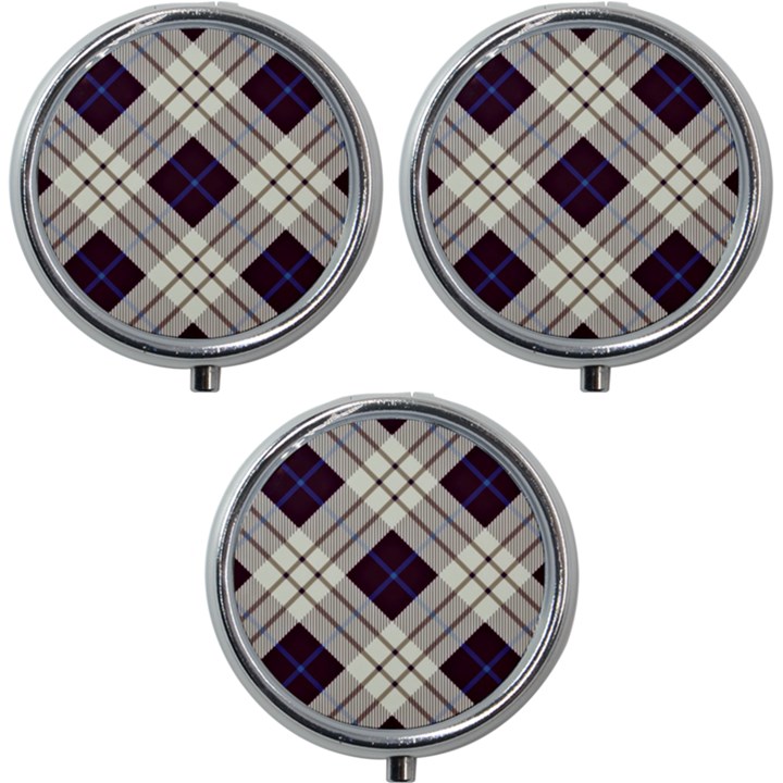 Blue, purple and white diagonal plaids Mini Round Pill Box (Pack of 3)