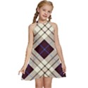 Blue, purple and white diagonal plaids Kids  Halter Collar Waist Tie Chiffon Dress View1