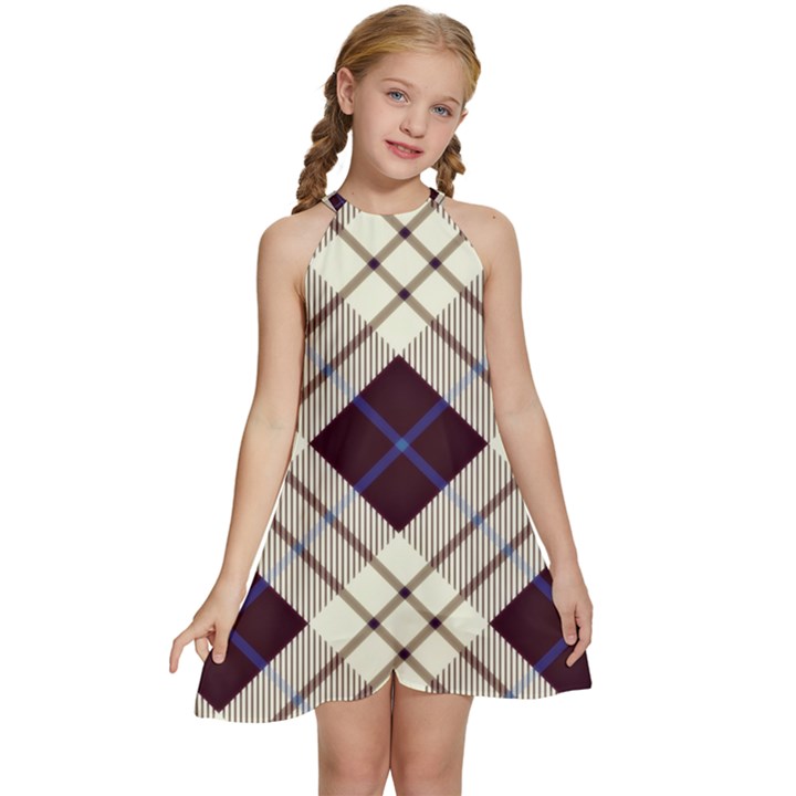 Blue, purple and white diagonal plaids Kids  Halter Collar Waist Tie Chiffon Dress