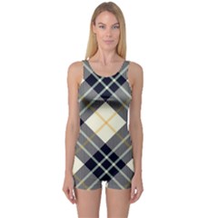 Black, Yellow And White Diagonal Plaids One Piece Boyleg Swimsuit by ConteMonfrey