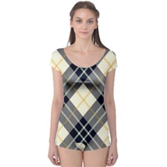 Black, Yellow And White Diagonal Plaids Boyleg Leotard  by ConteMonfrey