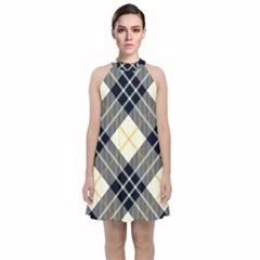 Black, Yellow And White Diagonal Plaids Velvet Halter Neckline Dress  by ConteMonfrey