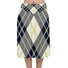 Black, Yellow And White Diagonal Plaids Velvet Flared Midi Skirt by ConteMonfrey