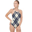 Black, yellow and white diagonal plaids High Neck One Piece Swimsuit View1