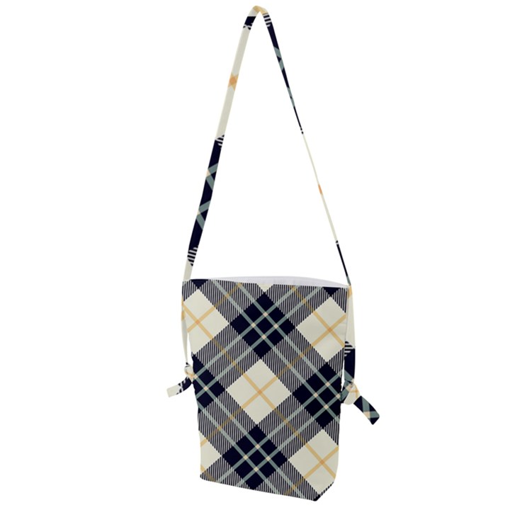 Black, yellow and white diagonal plaids Folding Shoulder Bag