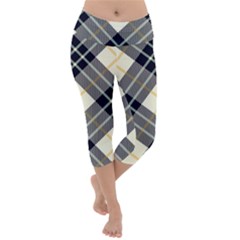 Black, Yellow And White Diagonal Plaids Lightweight Velour Capri Yoga Leggings by ConteMonfrey