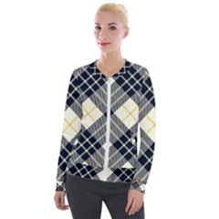 Black, Yellow And White Diagonal Plaids Velvet Zip Up Jacket by ConteMonfrey