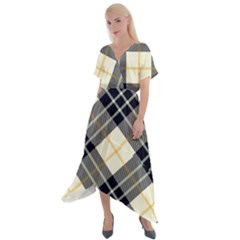 Black, Yellow And White Diagonal Plaids Cross Front Sharkbite Hem Maxi Dress by ConteMonfrey