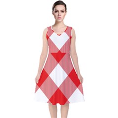 Red And White Diagonal Plaids V-neck Midi Sleeveless Dress  by ConteMonfrey