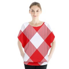 Red And White Diagonal Plaids Batwing Chiffon Blouse