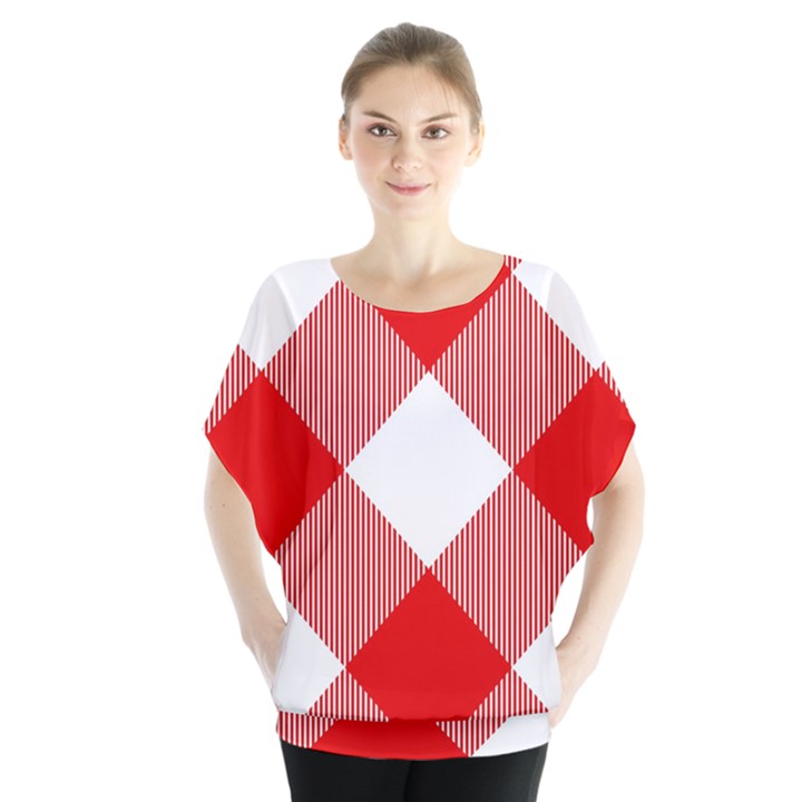 Red and white diagonal plaids Batwing Chiffon Blouse