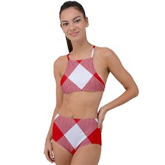 Red And White Diagonal Plaids High Waist Tankini Set by ConteMonfrey