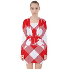 Red And White Diagonal Plaids V-neck Bodycon Long Sleeve Dress by ConteMonfrey