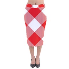 Red And White Diagonal Plaids Velvet Midi Pencil Skirt by ConteMonfrey