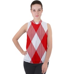 Red And White Diagonal Plaids Mock Neck Chiffon Sleeveless Top by ConteMonfrey