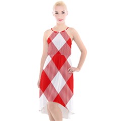 Red And White Diagonal Plaids High-low Halter Chiffon Dress  by ConteMonfrey