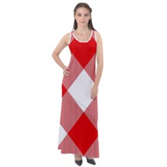 Red And White Diagonal Plaids Sleeveless Velour Maxi Dress by ConteMonfrey