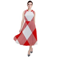 Red And White Diagonal Plaids Round Neck Boho Dress by ConteMonfrey