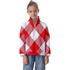 Red And White Diagonal Plaids Kids  Half Zip Hoodie by ConteMonfrey