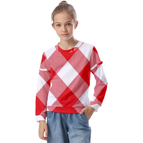 Red And White Diagonal Plaids Kids  Long Sleeve Tee With Frill  by ConteMonfrey