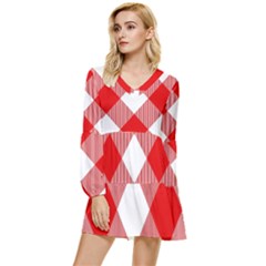 Red And White Diagonal Plaids Tiered Long Sleeve Mini Dress by ConteMonfrey