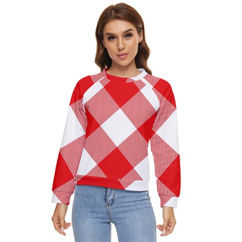 Red And White Diagonal Plaids Women s Long Sleeve Raglan Tee by ConteMonfrey