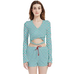 Diagonal Turquoise Plaids Velvet Wrap Crop Top And Shorts Set by ConteMonfrey