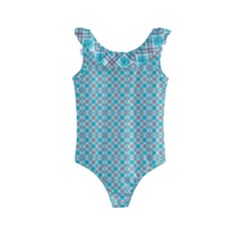 Diagonal Turquoise Plaids Kids  Frill Swimsuit by ConteMonfrey