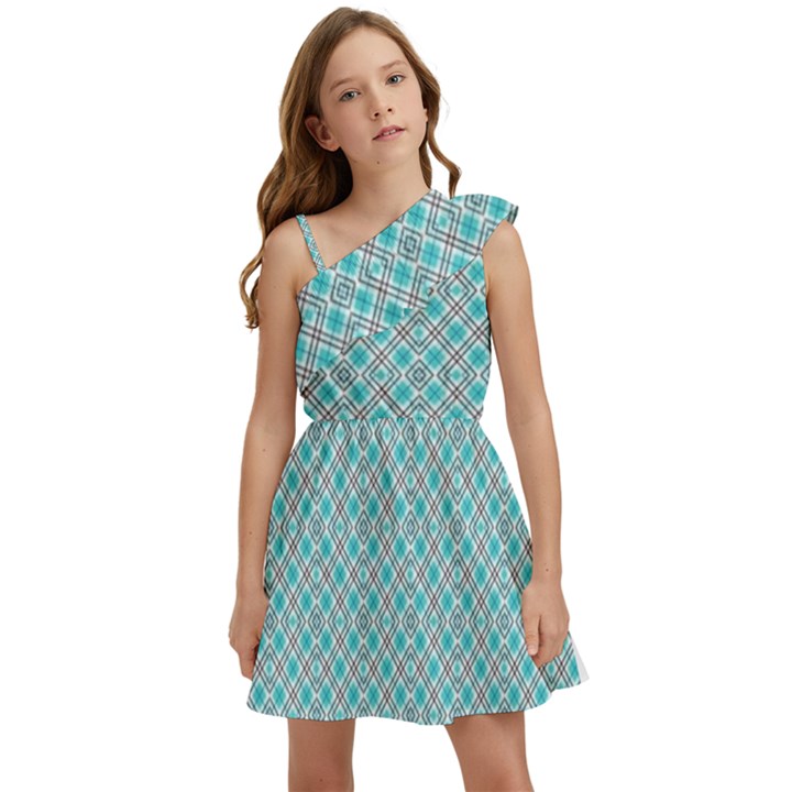 Diagonal Turquoise Plaids Kids  One Shoulder Party Dress