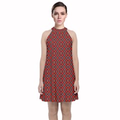 Red Diagonal Plaids Velvet Halter Neckline Dress  by ConteMonfrey