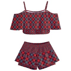 Red Diagonal Plaids Kids  Off Shoulder Skirt Bikini by ConteMonfrey