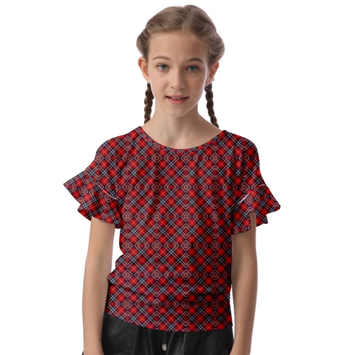 Red Diagonal Plaids Kids  Cut Out Flutter Sleeves