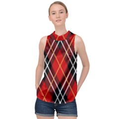 Black, Red, White Diagonal Plaids High Neck Satin Top by ConteMonfrey