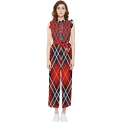 Black, Red, White Diagonal Plaids Women s Frill Top Chiffon Jumpsuit by ConteMonfrey