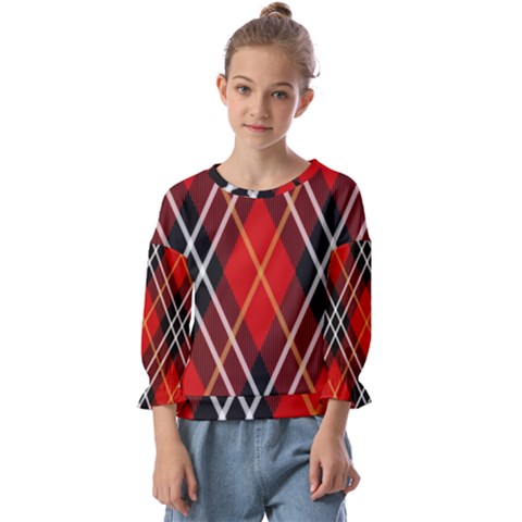 Black, Red, White Diagonal Plaids Kids  Cuff Sleeve Top by ConteMonfrey