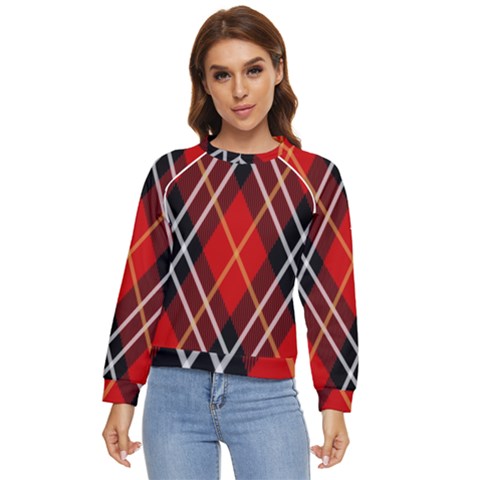 Black, Red, White Diagonal Plaids Women s Long Sleeve Raglan Tee by ConteMonfrey