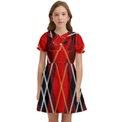 Black, Red, White Diagonal Plaids Kids  Bow Tie Puff Sleeve Dress by ConteMonfrey