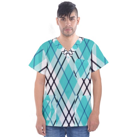 Ice Blue Diagonal Plaids Men s V-neck Scrub Top by ConteMonfrey