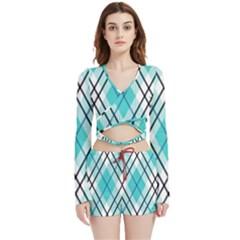 Ice Blue Diagonal Plaids Velvet Wrap Crop Top And Shorts Set by ConteMonfrey