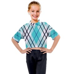 Ice Blue Diagonal Plaids Kids Mock Neck Tee