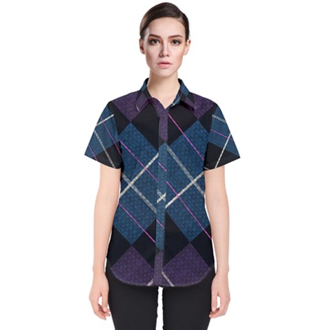 Modern Blue Plaid Women s Short Sleeve Shirt by ConteMonfrey