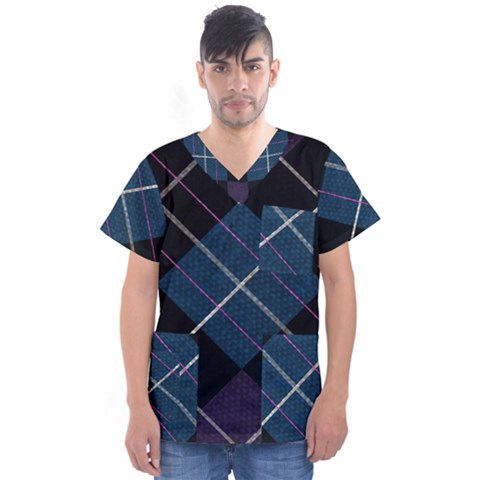 Modern Blue Plaid Men s V-neck Scrub Top by ConteMonfrey