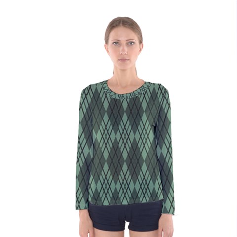 Dark Green Multi Colors Plaid  Women s Long Sleeve Tee by ConteMonfrey