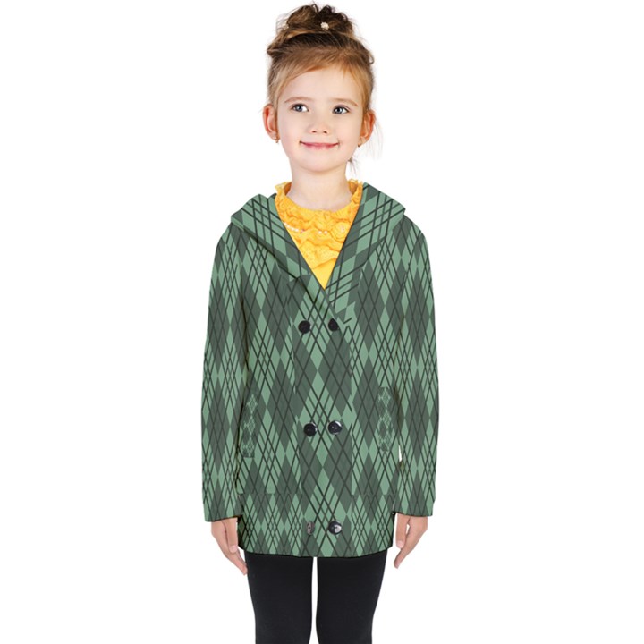 Dark Green Multi Colors Plaid  Kids  Double Breasted Button Coat