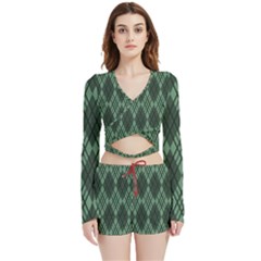 Dark Green Multi Colors Plaid  Velvet Wrap Crop Top And Shorts Set by ConteMonfrey