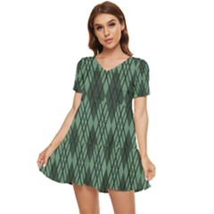 Dark Green Multi Colors Plaid  Tiered Short Sleeve Babydoll Dress by ConteMonfrey